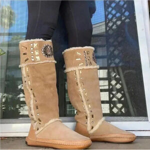 [US 7] TORY BURCH Suede Whipstitch Trim Mid Calf  Boots